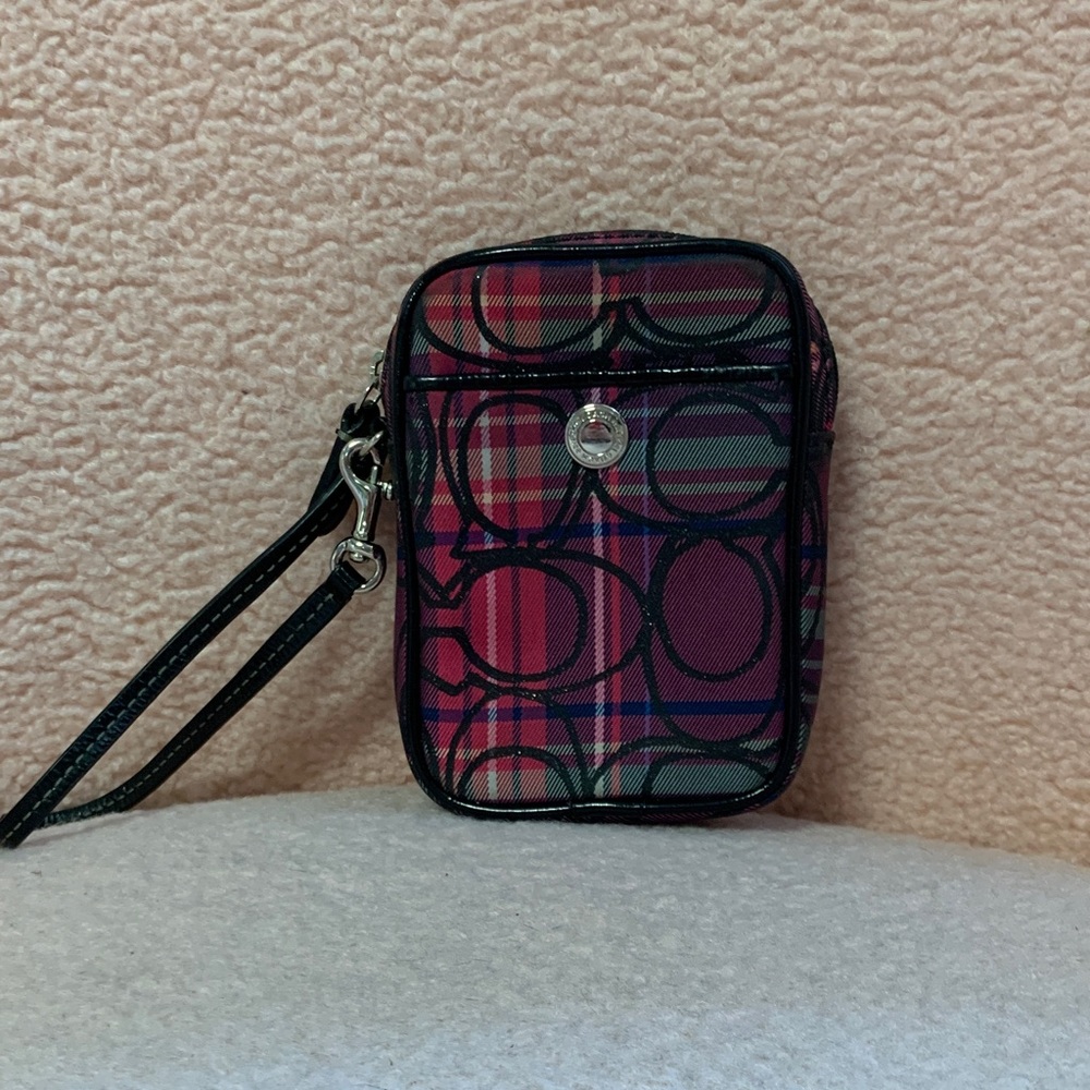 Coach Plaid Signature Wristlet in Pink and Black